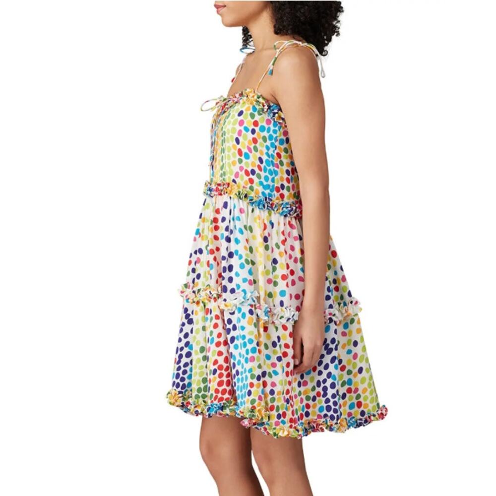 All Things Mochi Rainbow Mini Dress Polkadot Silk Chiffon Ruffle Designer $365 - Picture 4 of 14